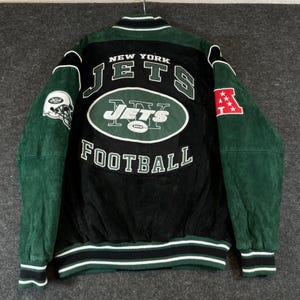 Chaqueta universitaria vintage de cuero de gamuza G-III de los New York Jets de la NFL, color verde y negro, talla grande para hombre.