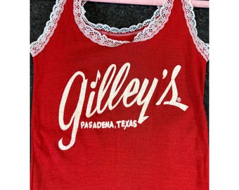 VTG 70s Gilleys Pasadena Texas Lace Trim Tank Top Red Urban Cowboy John Travolta