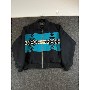 Chaqueta bomber de lana Pendleton High Grade Western Wear, talla XL, color negro, turquesa y estampado azteca.