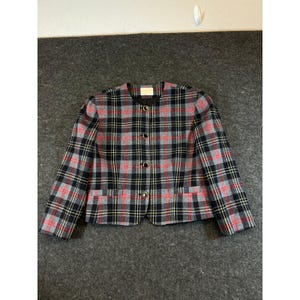 Vintage Pendleton Wollblazer aus den 70er Jahren, kariert, grau-rot-schwarz, kragenlos, Büro, USA