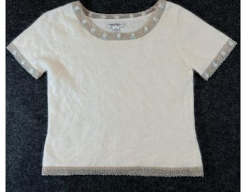 Tyler Boe Sweater Women Small Beige Beaded Floral Angora Lambswool Cropped Fuzzy