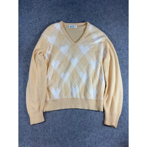 Lyle & Scott, Vintage 80s Lyle & Scott Sweater Mens Medium Yellow Argyle Knit V-Neck Preppy