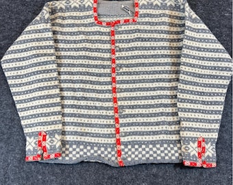VTG 60s Handknitted Nordic Virgin Wool Cardigan Sweater Fair Isle Pewter Button