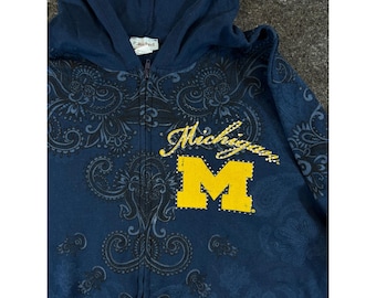 Vintage jaren 90 P Michael Michigan Wolverines Paisley Zip Hoodie Marineblauw Dames XL