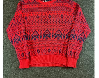 Vintage Woolrich Fair Isle trui met ronde hals uit de jaren 70, herenmaat L, rood/marineblauw, geometrisch gebreid