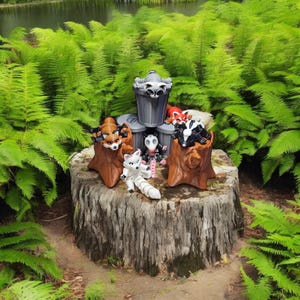 Trash Can Animals | Poseable Forest Critters | Raccoon, Fox, Skunk, Possum, Red Panda & Arctic Fox | Sold with or without Trash Can/Stump