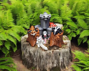 Trash Can Animals | Poseable Forest Critters | Raccoon, Fox, Skunk, Possum, Red Panda & Arctic Fox | Sold with or without Trash Can/Stump