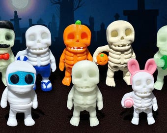 Skeleton Minis Halloween Set 3D Printed – 10 Pack with Mummy or Individual Skeleton Figures, Spooky Cute Collectibles