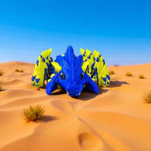 May include: A blue and yellow dragon figurine rests on a sandy surface under a clear blue sky. The dragon has a detailed design with yellow wings and accents. The figurine is a vibrant, eye-catching piece.