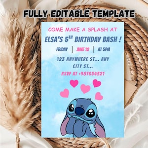 Editable Stitch Birthday Party Invitation, Printable Stitch Party Invite Template, Stitch and Lilo Girls Party Invite, Kids Birthday Invite.
