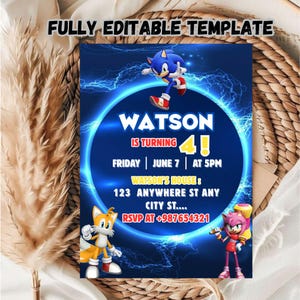 Editable  Sonic Birthday Invitation Template ,Sonic Boys Birthday Party Invite, Printable Sonic The Hedgehog Party Invite, Sonic Phone evite