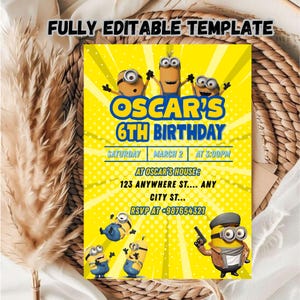 Editable Minion Birthday Invitation Template: Kids Party Invite (Digital Download, 5x7 PDF)