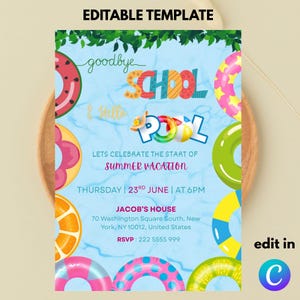 Goodbye School Hello Summer Invitation, End of School Party Invite Template, Summer Vacation Party Invitation, Editable Summer Break Invite.