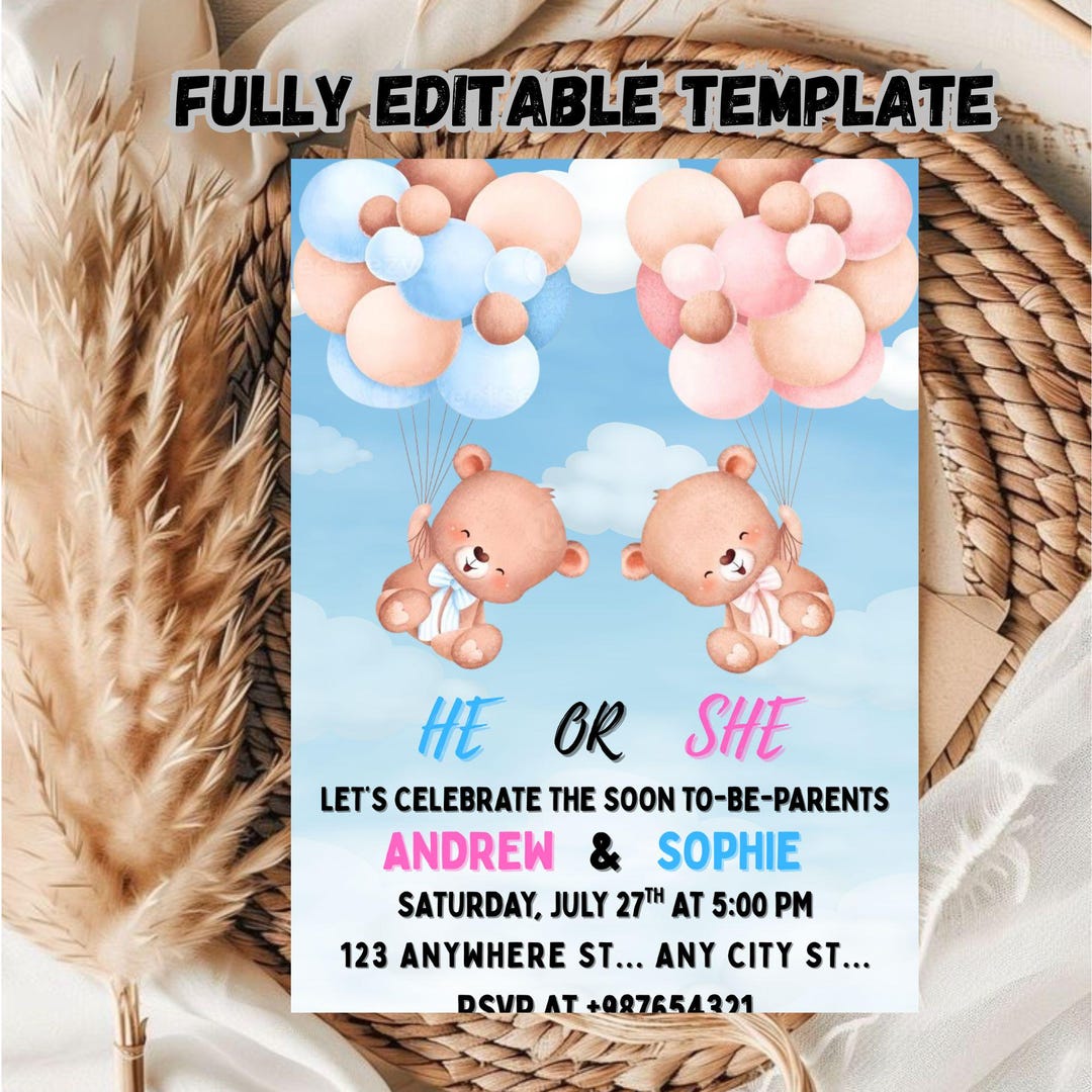 Editable Teddy Bear Gender Reveal Invitation, He or She Gender Reveal ...