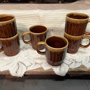 6 Vintage Japan Brown Drip Glaze Stackable Mugs .