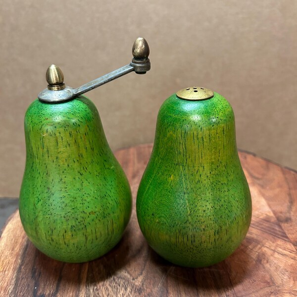 Vintage Green Wooden Pear Salt Shaker and Pepper Grinder