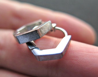 brushed stainless steel hexagon hoop earrings. sleeper hoops for men. small silver earrings.
