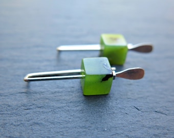 small green jade earrings from Canada. nephrite jade jewelry. cube earrings. Canadian seller. 1 inch earrings.