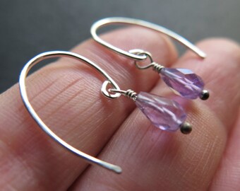 purple amethyst earrings in sterling silver. lavender gemstone jewelry. one inch simple amethyst dangle earrings.