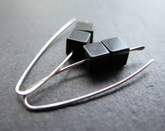 black stone earrings in sterling silver. modern stone jewelry. 1 1/2” drop earrings. cube earrings made in Calgary.