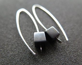 simple black hematite earrings in sterling silver. modern cube jewelry. artisan jewellery from Calgary Canada