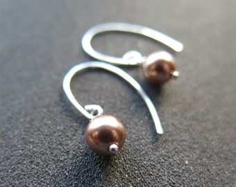 bronze pearl drop earrings in sterling silver. crystal pearl jewelry. modern pearl jewellery.