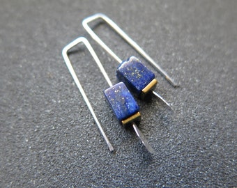 small lapis lazuli earrings. navy blue and gold hematite jewelry. rectangle earrings. made in Calgary