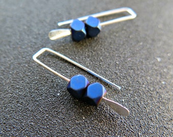 small blue earrings. matte hematite jewelry. geometric cube earrings. Canadian seller. one inch earrings.