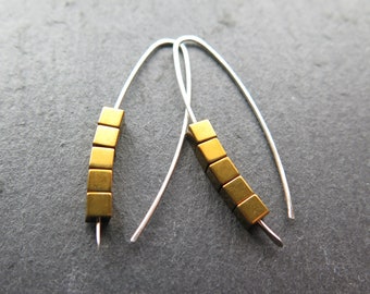 gold hematite earrings. cube jewelry in gold and sterling silver earrings. mixed metal jewelry.