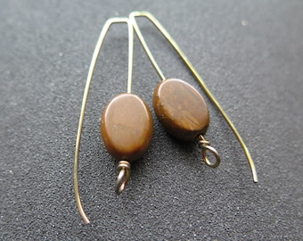 brown jasper earrings in yellow gold niobium. nickel free earrings. anodized jewelry. made in Calgary studio