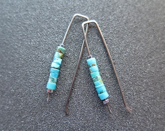 unique turquoise earrings in dark silver niobium wire for sensitive ears. nickel free jewelry.