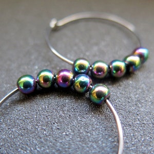 rainbow hematite earrings. niobium hoops. hypoallergenic jewelry.