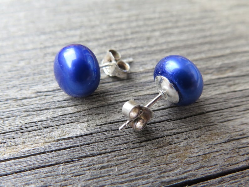 sterling silver earings birthstone jewelry sapphire blue pearl earrings freshwater pearl studs.