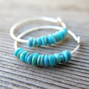 natural turquoise earrings. small 7/8 inch sterling silver hoops. Canadian seller in Calgary. turquoise jewelry.