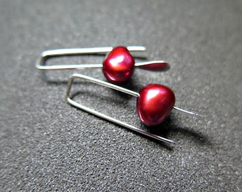 small red pearl earrings. crimson pearl jewelry. made in Canada