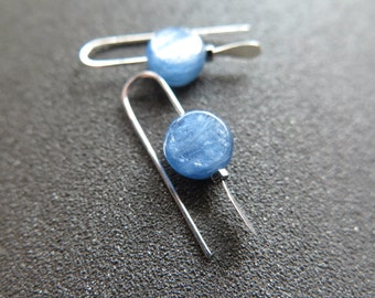 Blue Kyanite Earrings, Small Silver Coated Hematite Jewelry