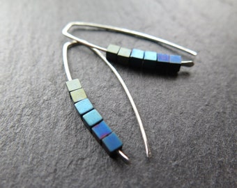 indigo, blue and green drop earrings. peacock jewelry. hematite cube earrings.