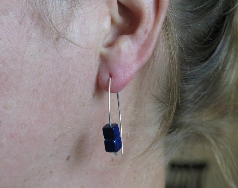 lapis earrings sterling silver. cobalt blue earring. lapis lazuli jewelry. 1 1/2 drop earrings. hypoallergenic jewellery. image 4