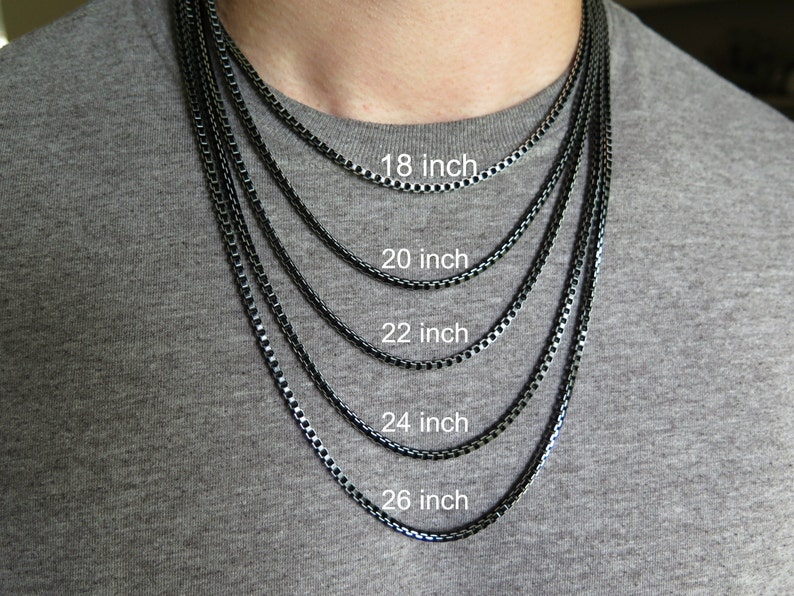 mens box chain necklace. anodized aluminum jewelry. black necklace with silver edge. made in Canada. image 8