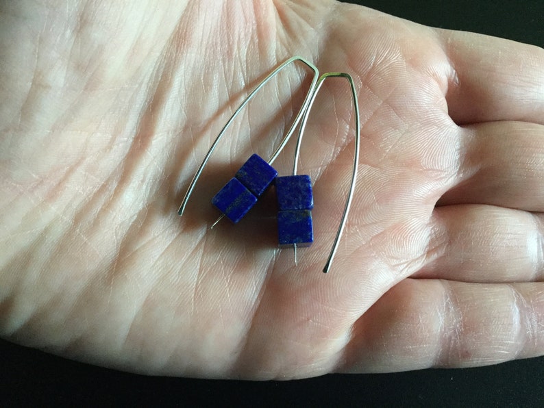 lapis earrings sterling silver. cobalt blue earring. lapis lazuli jewelry. 1 1/2 drop earrings. hypoallergenic jewellery. image 5