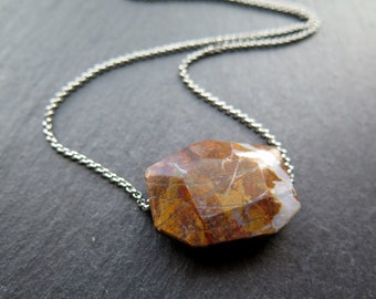 lightning jasper necklace. brown stone pendant and a stainless steel rolo chain. modern stone jewelry. gift for husband.