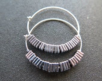 sterling silver hoop earrings. hematite jewelry. geometric hoops with square stones.