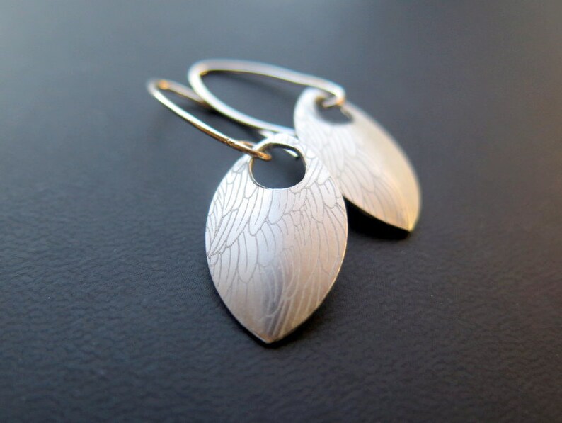 feather earring in anodized aluminum. sterling silver dangle earrings. image 2