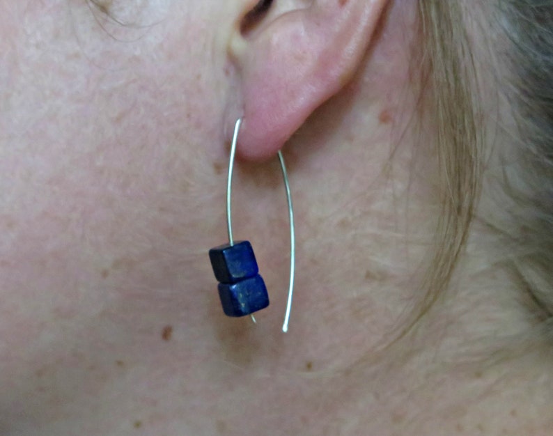 lapis earrings sterling silver. cobalt blue earring. lapis lazuli jewelry. 1 1/2 drop earrings. hypoallergenic jewellery. image 3