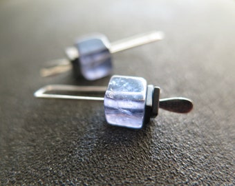 small blue iolite earrings. water sapphire jewelry. modern September birthstone jewellery. small cube earrings.