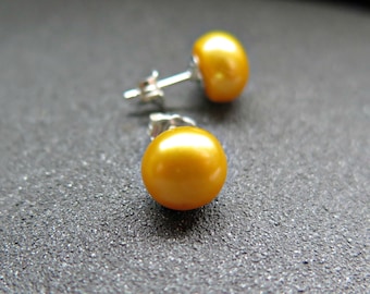discounted mustard yellow pearl earrings. 8mm pearl studs. June birthstone jewelry