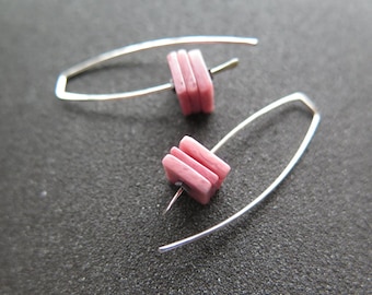 unique pink earrings in sterling silver. dusty rose natural square stone beads. handmade in Calgary Alberta.