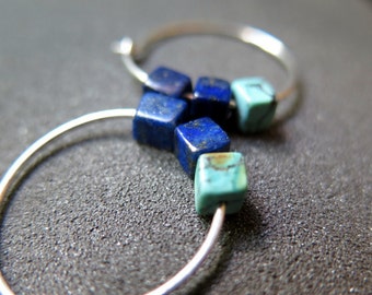 blue lapis lazuli earrings. natural turquoise jewelry. sterling silver hoops. made in Canada.
