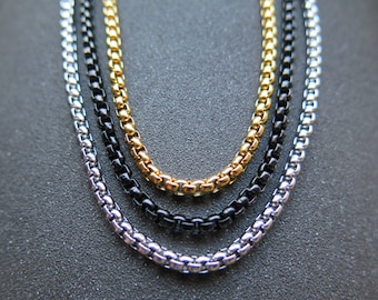 mens box chain necklace. anodized steel necklace in black, silver or yellow gold. 22 inch chain. made in Canada.