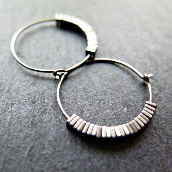 niobium hoop earrings. hypoallergenic jewelry. silver hematite hoops.